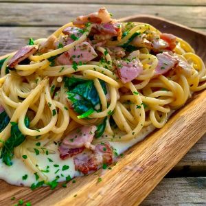 Spaghetti w/ Bacon & Spinach in Cream Sauce