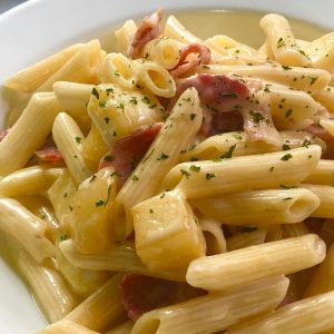 Penne w/ Deep Fried Potato & Bacon in Cream Sauce