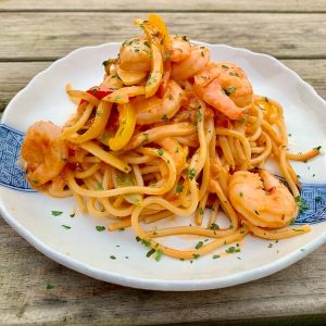 Spaghetti w/ Shrimp, Onion & Mix Pepper in Pomodoro Cream Sauce